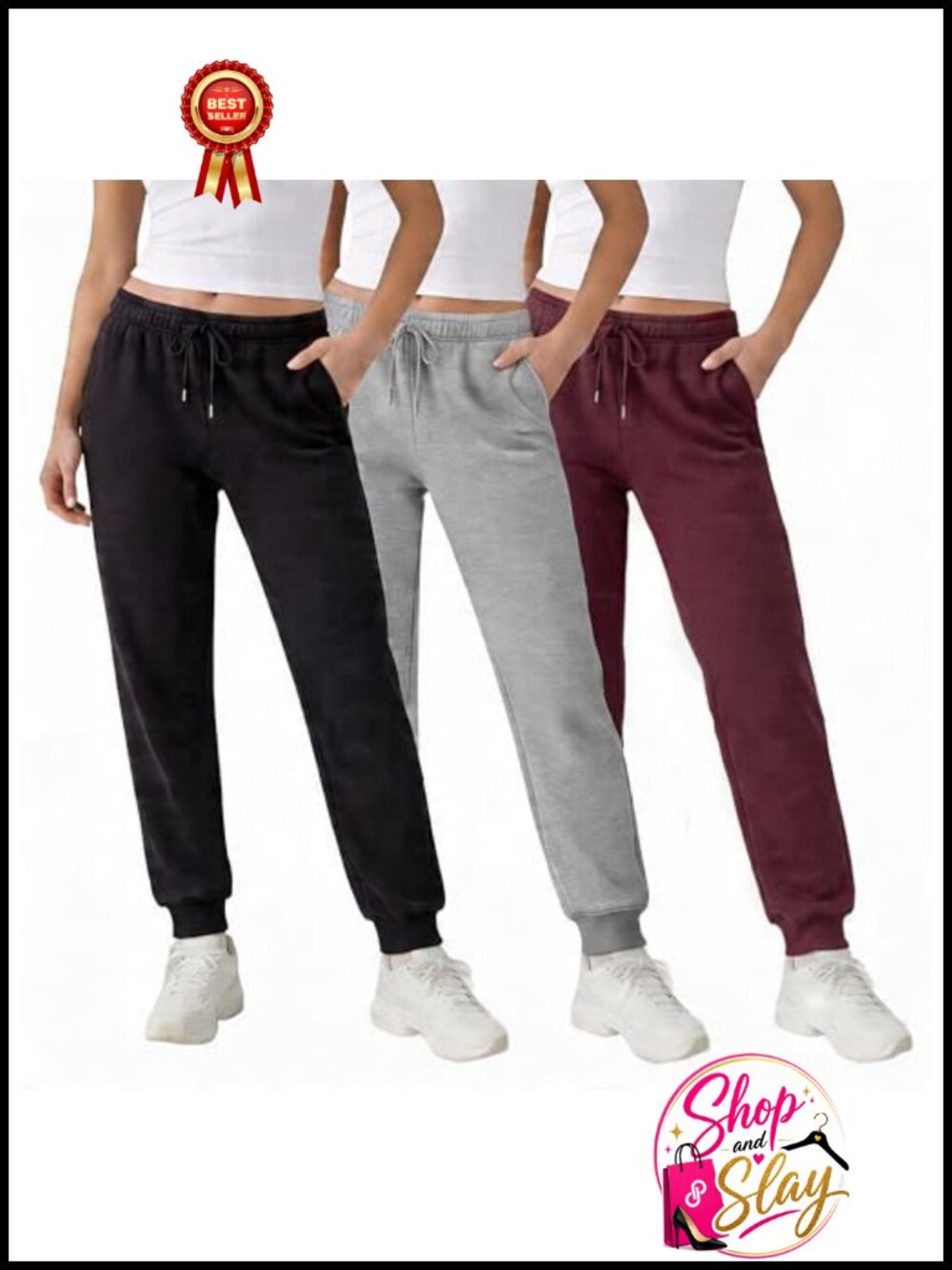 3 Pack Women's Fleece Joggers Slim Fit Tapered Sweatpants with Pockets